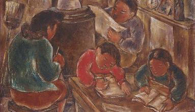 Painting by Japanese American artist Henry Sugimoto depicting an everyday scene from the lives of Japanese Americans in World War II concentration camps.